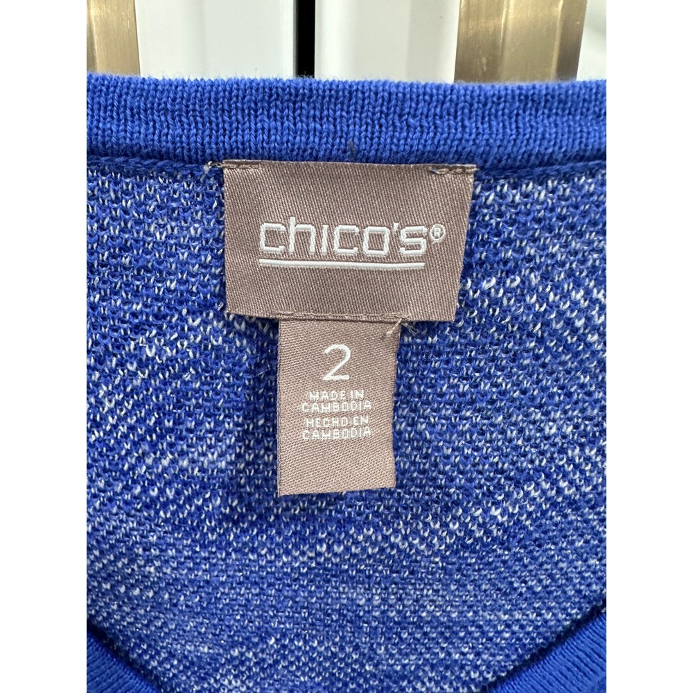 Chico's V Neck Top Blue White Rope Floral Knit Short Sleeve Women Size 2 - Picture 3 of 6